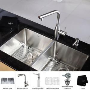KRAUS All in One Undermount 32 3/4x19x10 0 Hole Double Bowl Kitchen Sink with Stainless Steel Kitchen Faucet KHU102 33 KPF2140 SD20