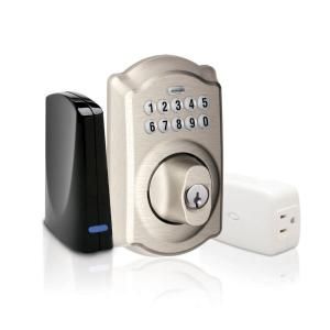 Schlage Satin Nickel Keypad Deadbolt Home Security Kit with Nexia Home Intelligence BE369GRNX CAM 619