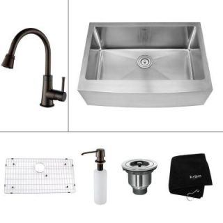 KRAUS All in One Farmhouse 29.75x20x14.9 0 Hole Single Bowl Kitchen Sink with Oil Rubbed Bronze Accessories KHF200 30 KPF2220 KSD30ORB