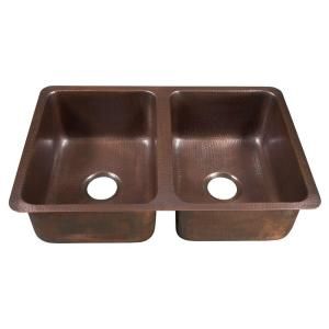 ECOSINKS Undermount Pure Solid Copper Hand Hammered 31x20x9 Double Bowl Kitchen Sink in Antique Copper K2D 3120HA