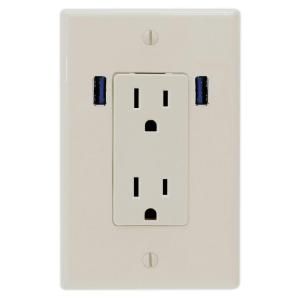 U Socket 15 Amp Decor Duplex Wall Outlet with 2 Built in USB Charging Ports   Light Almond ace 8168