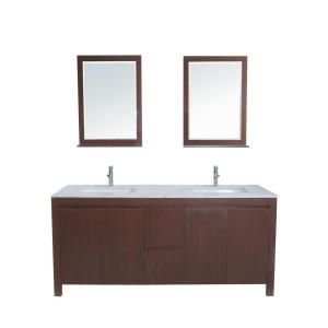 stufurhome Galant 72 in. Double Vanity in Cocoa with Marble Vanity Top in White and Mirror VM 14166B