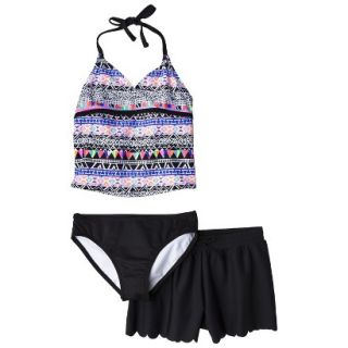 Girls 3 Piece Halter Tankini and Short Swimsuit Set   Black/Purple S
