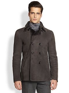 Armani Collezioni Double Breasted Shearling Jacket   Metal