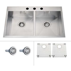ECOSINKS Acero Ultra Premium Combo Dual Mount Drop in Stainless Steel 33x22x8 3 Hole Double Bowl Kitchen Sink with Creased Bottom ECOD 338DAF 3