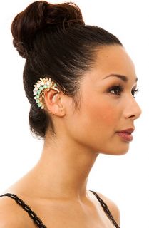 MKL Accessories Ear Cuff Jeweled Leaf in Green and Gold