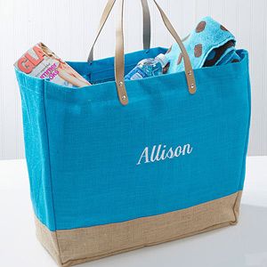 Turquoise Burlap Embroidered Tote  Name
