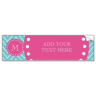 Hot Pink, Teal Blue Chevron  Your Monogram Bumper Stickers 