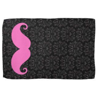 Pink handlebar mustache on black damask pattern towels