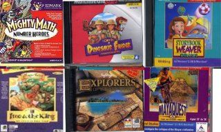 set 6 games  Mighty Math Number Heroes, explorers of the new world, Can Be A Dinosaur Finder, Paleontologist, Learning Adventure , Storybook Weaver Deluxe, Imo & the King (Magic Tales , An African Folk Tale), Mayaquest the Mystery Trail Video Games