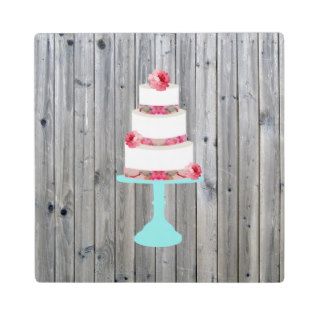 Cute Pink Floral Wedding Cake Teal Stand Wood Photo Plaques
