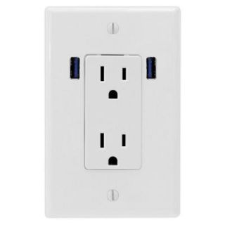 U Socket 15 Amp Decor Duplex Wall Outlet with 2 Built in USB Charging Ports   White ace 8166
