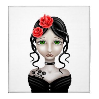 Sad Girl with Red Roses on White Binder
