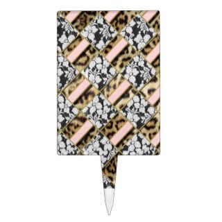 Brown Leopard Print Lace Girly Pink Diamond Shape Cake Picks
