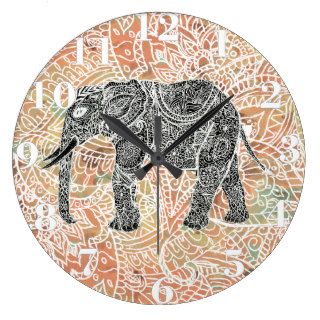 Tribal Paisley Elephant Colorful Henna Pattern Clock
