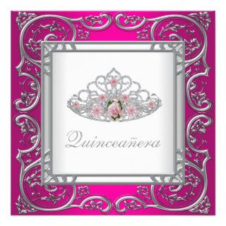 Elegant Silver RoseTiara Hot Pink Quinceanera Custom Invitations