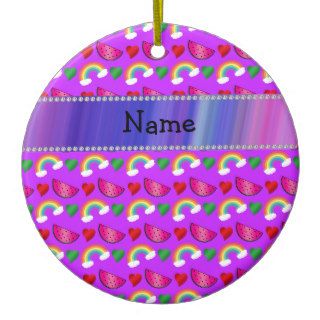 Custom name neon purple watermelons hearts rainbow christmas ornaments
