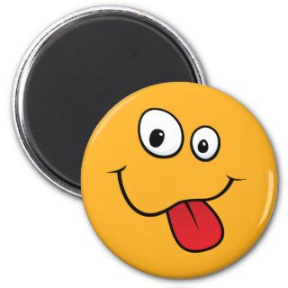 Funny goofy smiley sticking out his tongue, orange fridge magnet