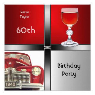 Mens 60th Birthday Party Red Metal Silver Red Car Invitations