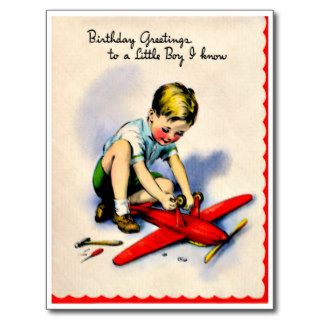 Little Boy Airplane   Retro Happy Birthday Post Card