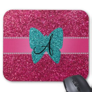 Monogram turquoise glitter butterfly pink mouse pad