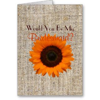 Modern Country burlap  orange Sunflower wedding Card