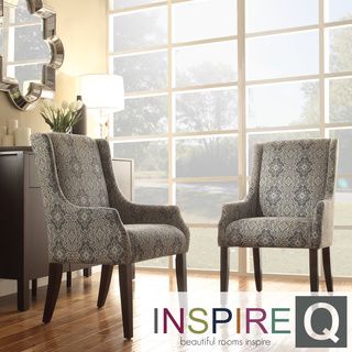 Inspire Q Jourdan Blue Damask Sloped Arm Hostess Chair