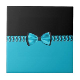 Turquoise Blue & Black Classy Bow Tie & Ribbon Ceramic Tile