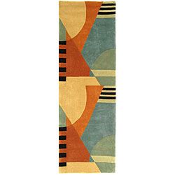 Handmade Rodeo Dr. Krave Blue/ Rust N.Z. Wool Runner (2'6 x 14') Safavieh Runner Rugs