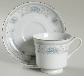 Salem Bridal Bouquet Footed Cup & Saucer Set, Fine China Dinnerware   Blue/Gray