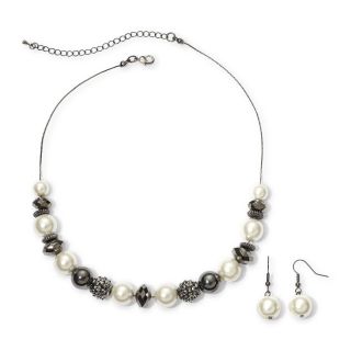 Gray & White Simulated Pearl Necklace & Drop Earrings Boxed Set, Black