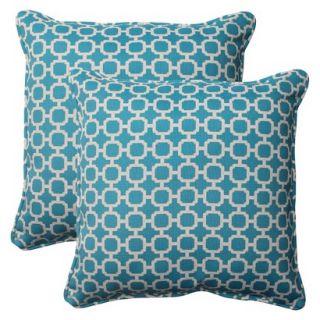Outdoor 2 Piece Square Toss Pillow Set   Teal/White Geometric