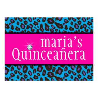 Hot Pink Purple and Teal Blue Leopard Quinceanera Personalized Invitations