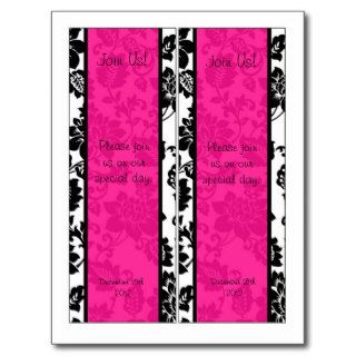 2 Black/Hot Pink Floral Damask Wedding Bookmarks Post Card