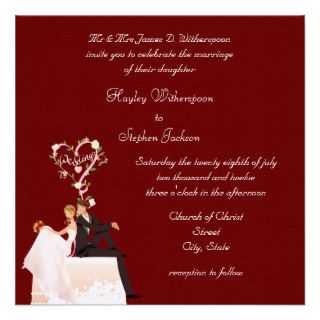 Bride & Groom Sitting on Cake Red Wedding Custom Announcements