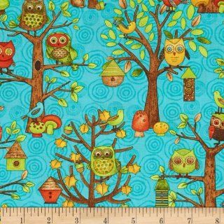 Fall Fun Owl and Bird Teal Fabric