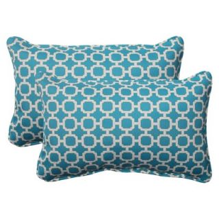 Outdoor 2 Piece Rectangular Toss Pillow Set   Teal/White Geometric