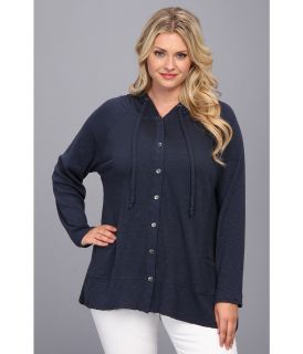 DKNY Jeans Plus Size Drapey Button Down Hoodie Womens Clothing (Navy)