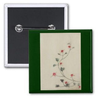 Vintage Japanese Hokusai Red Blossoms on Vine Pinback Button