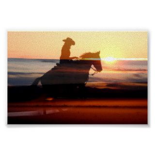 Western Cowgirl riding off into the sunset Poster