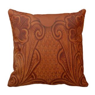 Leather Look Tooled Design Flowers Throw Pillow