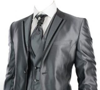 Feinster Herren Hochzeit oder Party Anzug 4 Teilig gefertigt aus feinem Grau Seidenglanz Poleyster mit Schwarzen End Glanz Bekleidung