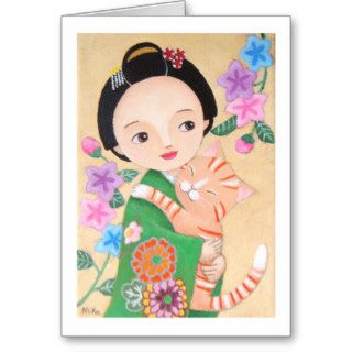 Pretty Geisha Girl and Cat Greeting Card