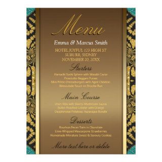 Tribal Batik Style Gold Black Teal Wedding Menu Custom Invitation