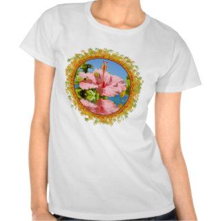 Pink hibiscus flower above the water in frame of l tee shirts