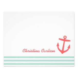 Mint & Coral Nautical Stripes & Anchor Stationery Personalized Invite