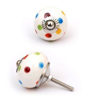 Set of 3 White Ceramic Cabinet Knobs with Blue, Green, Red, and Yellow Polka Dots   Cabinet And Furniture Knobs  