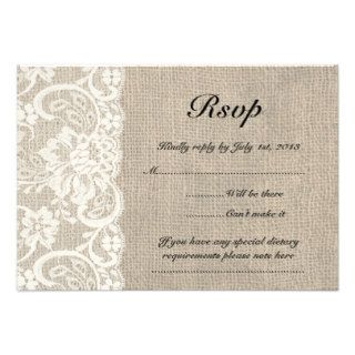 Ivory Lace and Burlap Look Wedding RSVP Card