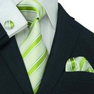 Landisun 14G Bright Green Stripes Mens Silk Tie Set Tie+Hanky+Cufflinks at  Mens Clothing store
