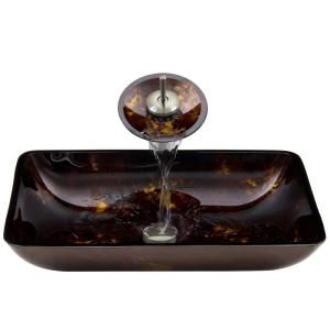 Vigo Rectangular Glass Vessel Sink in Brown/Gold Fusion and Waterfall Faucet Set in Brushed Nickel VGT033BNRCT
